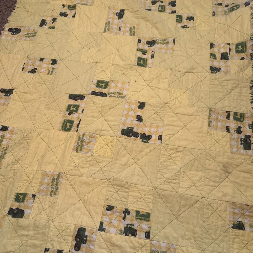 Vintage Handmade John Deere Tractor Baby Toddler Lap Patchwork Rag Quilt 60 X 46